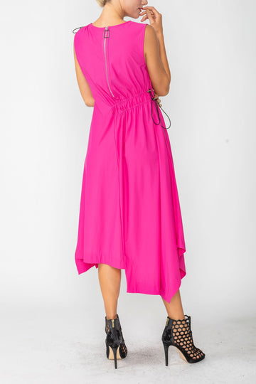 Pink One Shoulder and Side Cord Drawstring Asymmetrical Dress
